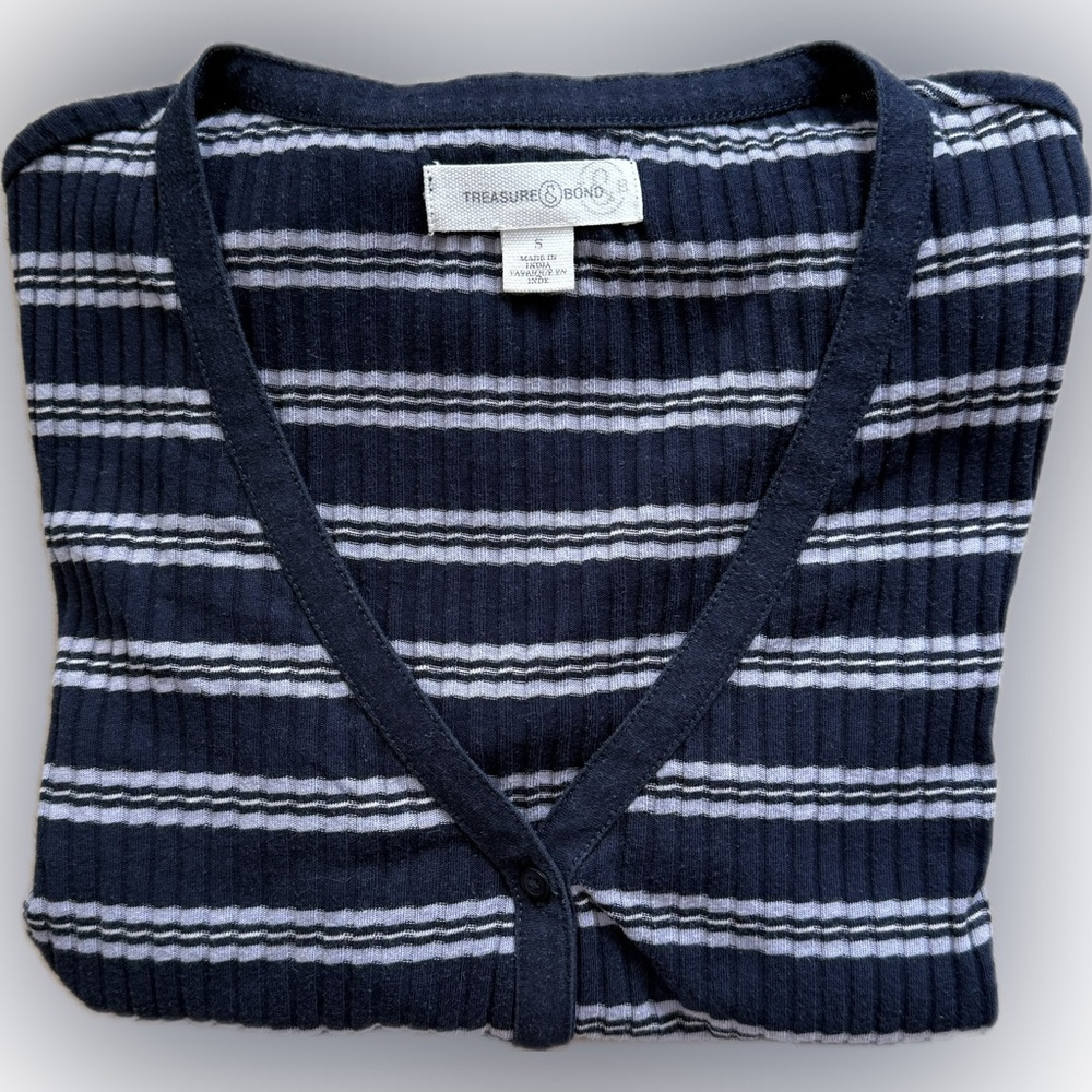Treasure & Bond Striped Henley Top in Navy and Gray S